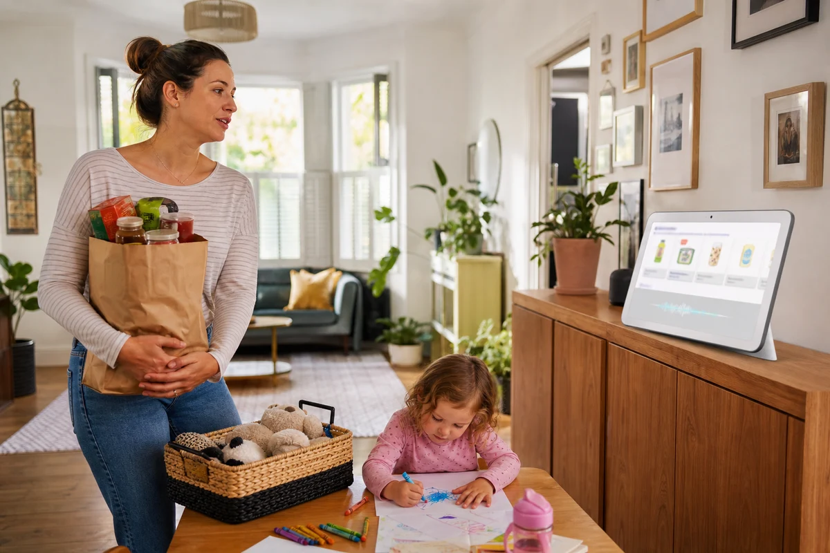 Busy UK parent placing a hands-free voice commerce reorder while holding shopping bags at home