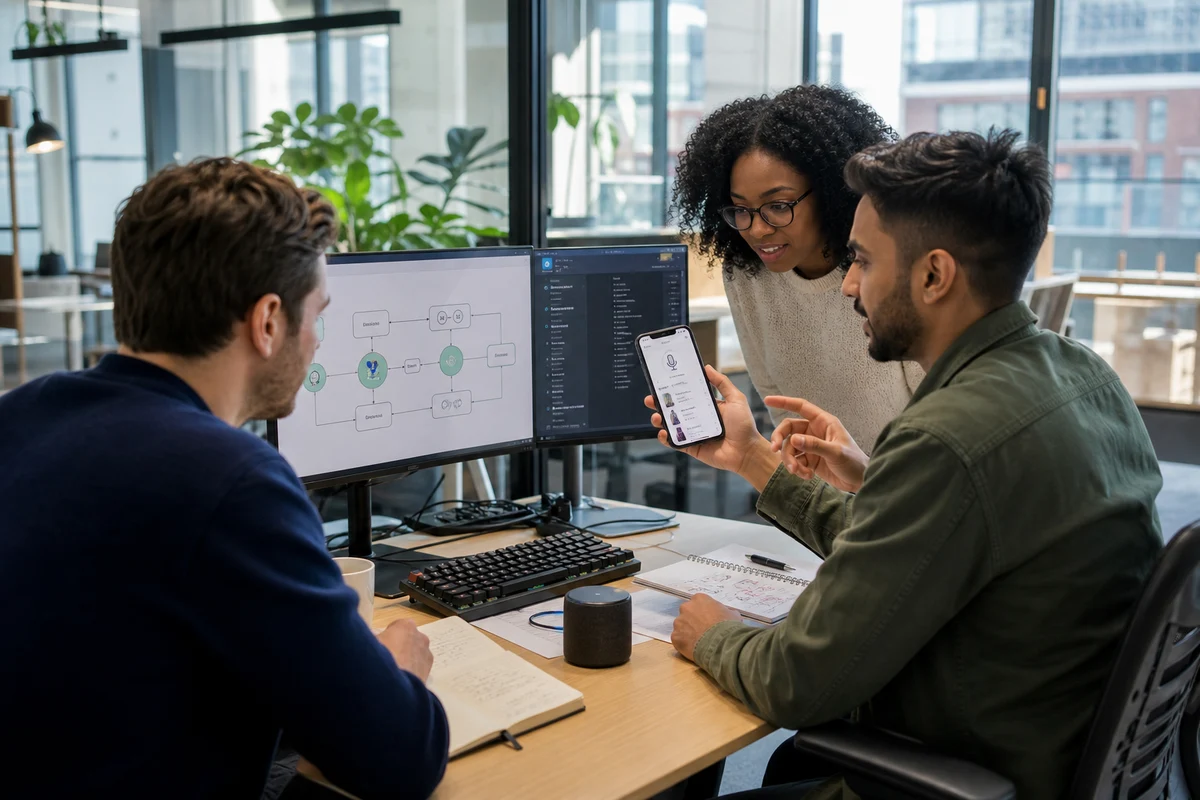 London ecommerce team reviewing voice commerce architecture and AI product search on dual monitors