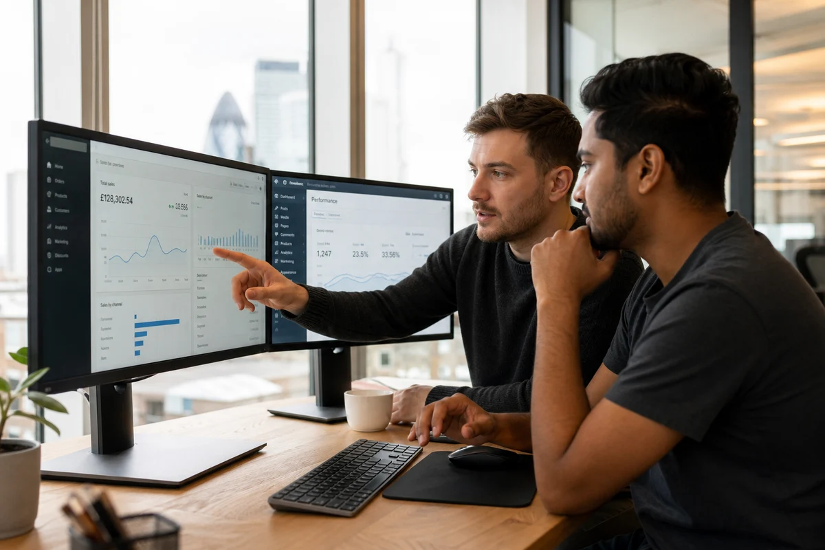 eCommerce support specialists reviewing store performance in a London office