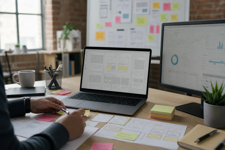 UX team planning ecommerce redesign wireframes and customer journey maps
