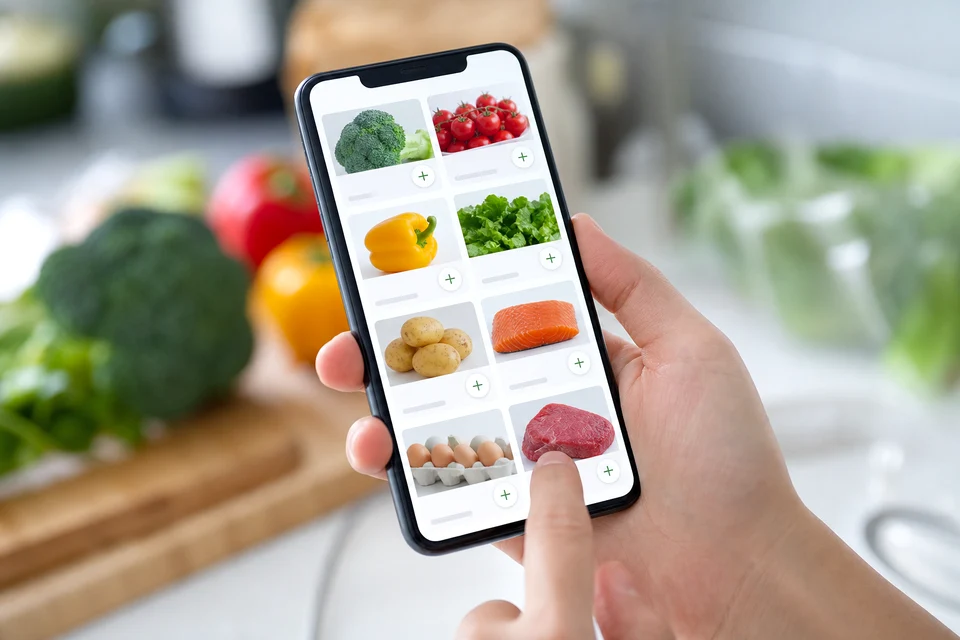 Customer browsing a grocery delivery website on a smartphone in a UK kitchen