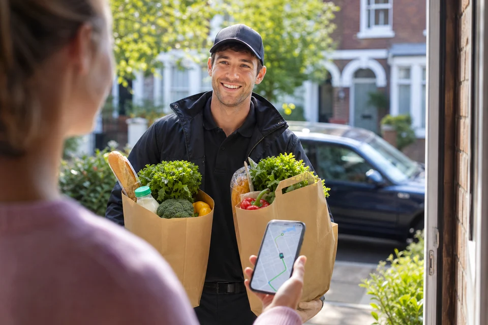 Courier delivering groceries with live order tracking on a smartphone