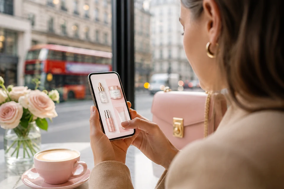 Shopper browsing a beauty ecommerce website on a smartphone in London