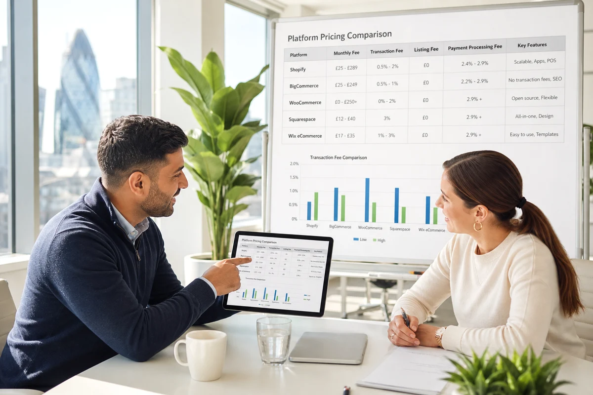 UK business team comparing WooCommerce and Shopify pricing in a bright meeting room