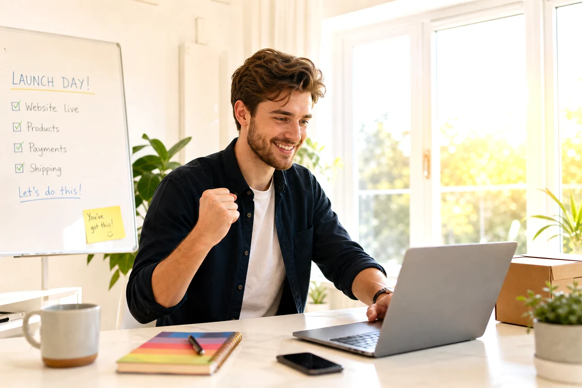 UK entrepreneur setting up an online store in a bright sunlit workspace