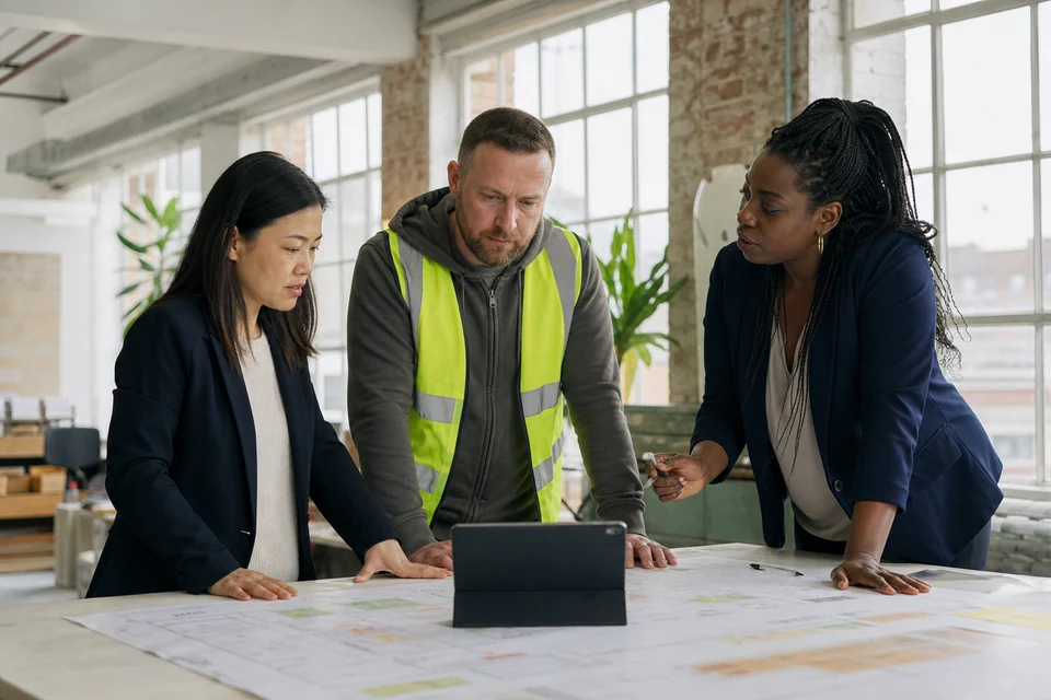 Procurement, warehouse, and consulting leads reviewing an inventory platform plan in a Sheffield workshop