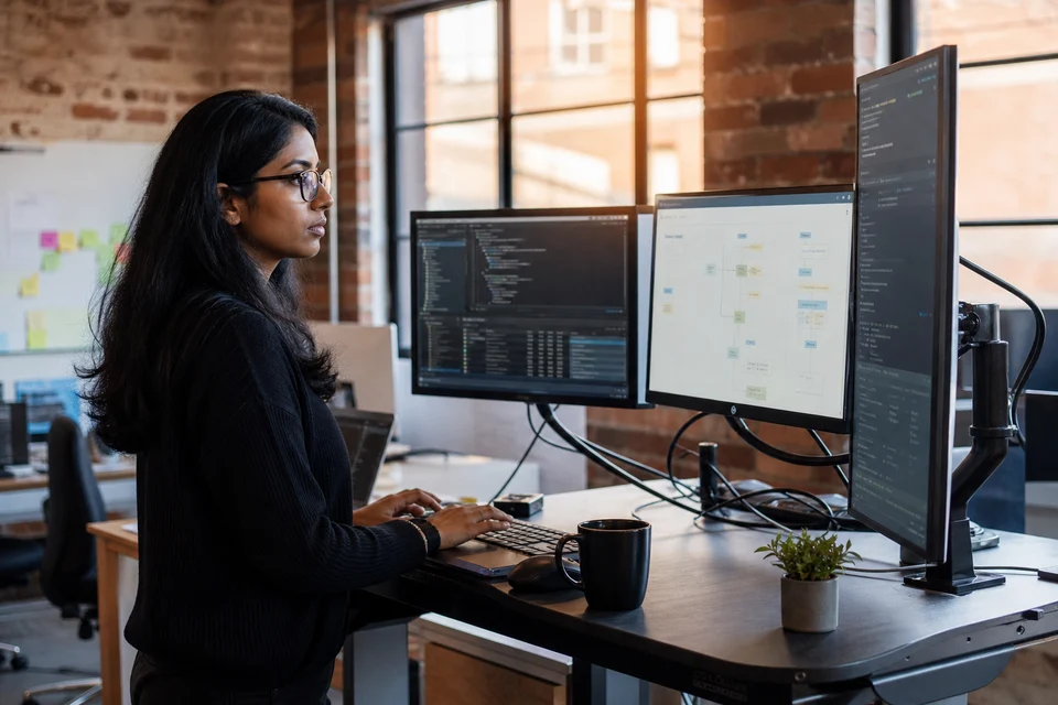 Developer connecting enterprise systems and APIs on multiple monitors in a Birmingham loft