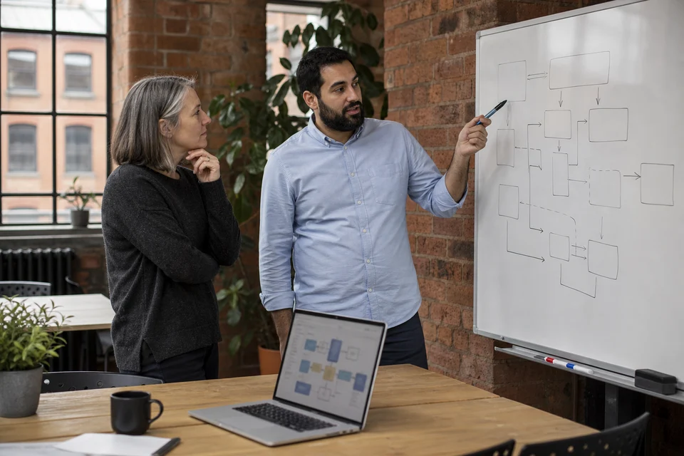 Enterprise architects mapping modular systems and integrations on a whiteboard in Manchester
