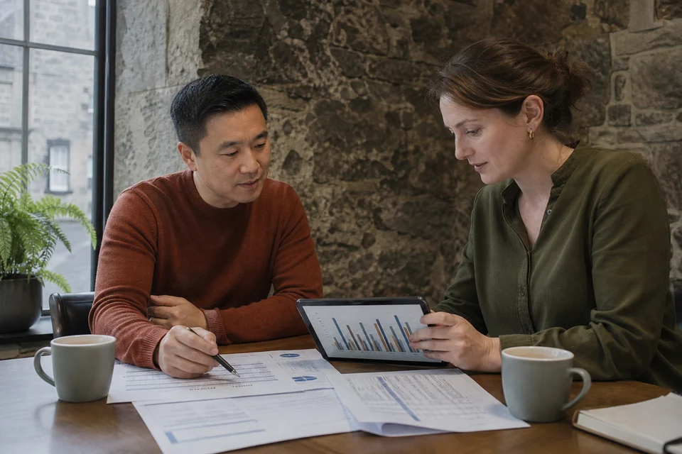 UK founder and consultant reviewing enterprise software cost estimates in an Edinburgh meeting room