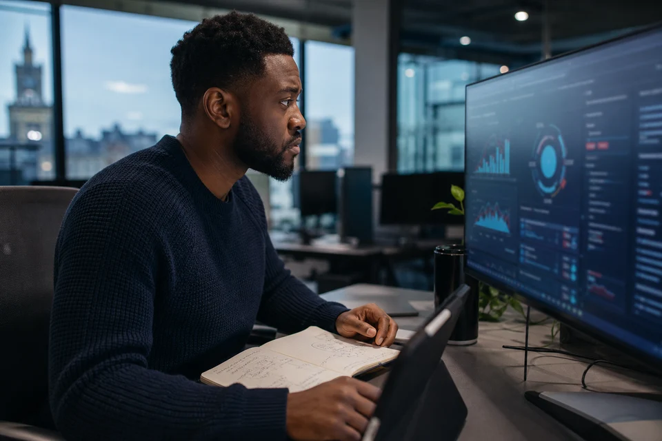 UK security engineer reviewing enterprise access controls and monitoring on a large screen