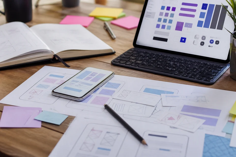 Wireframes, smartphone prototype and design system components on a designer desk