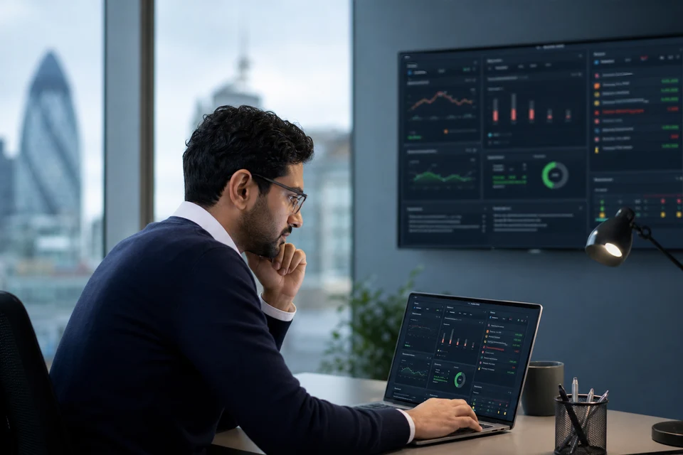 London support engineer watching real-time mobile app monitoring alerts on a laptop