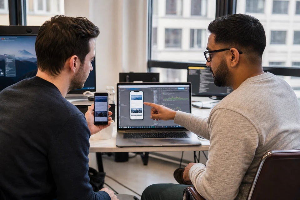UK developer and QA specialist comparing real phone testing with a mobile emulator on a laptop