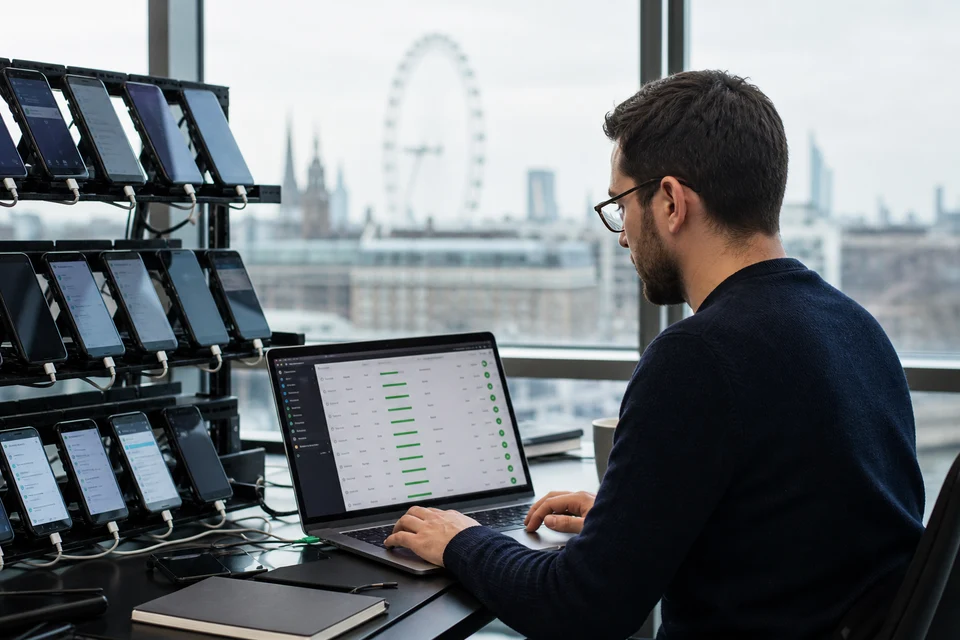 London QA engineer running automated mobile tests with multiple real devices on the desk