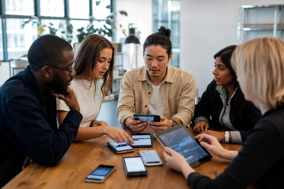 UK product team reviewing functional, performance, and accessibility tests across multiple phones