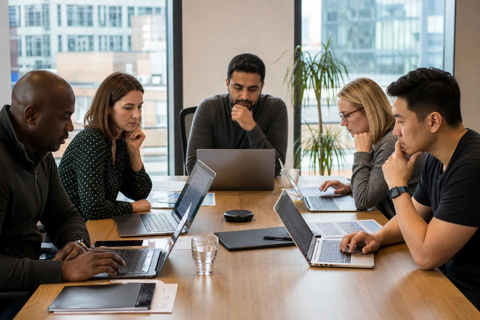 UK hiring team reviewing mobile developer portfolios and a technical assessment