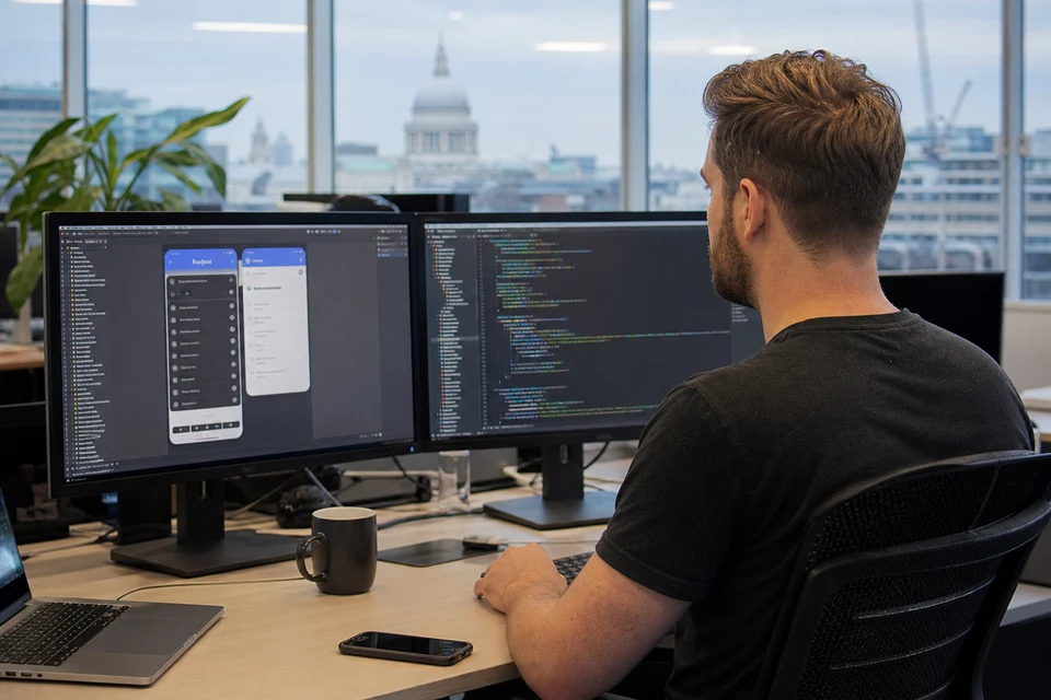 London mobile developer writing Swift and React Native code on dual monitors