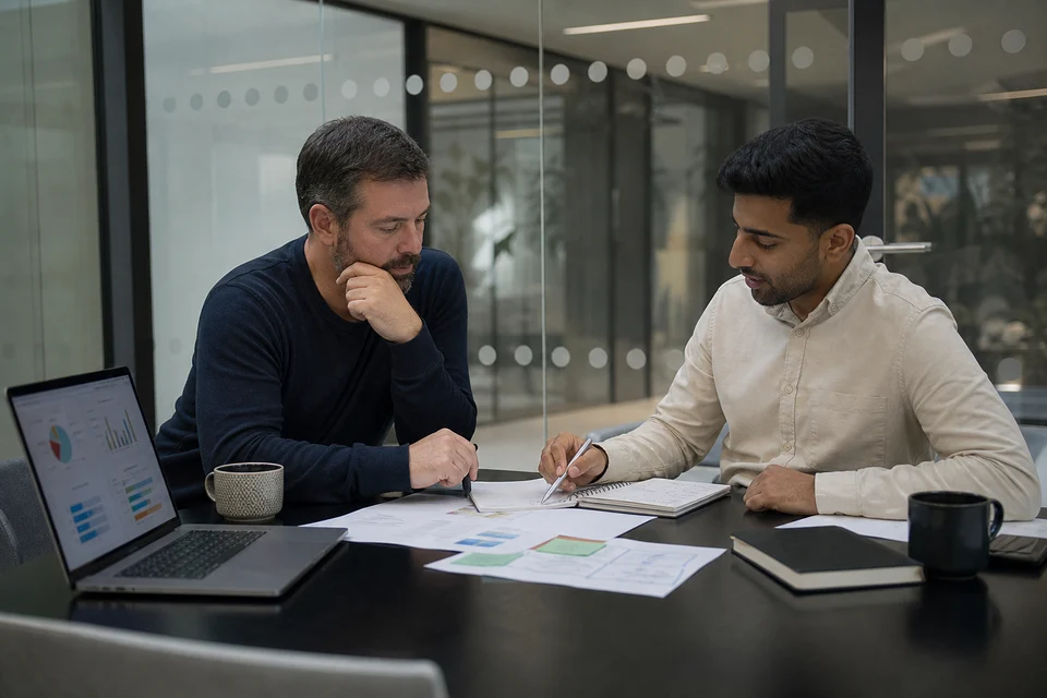 Business owner and consultant planning a mobile app MVP budget in the UK