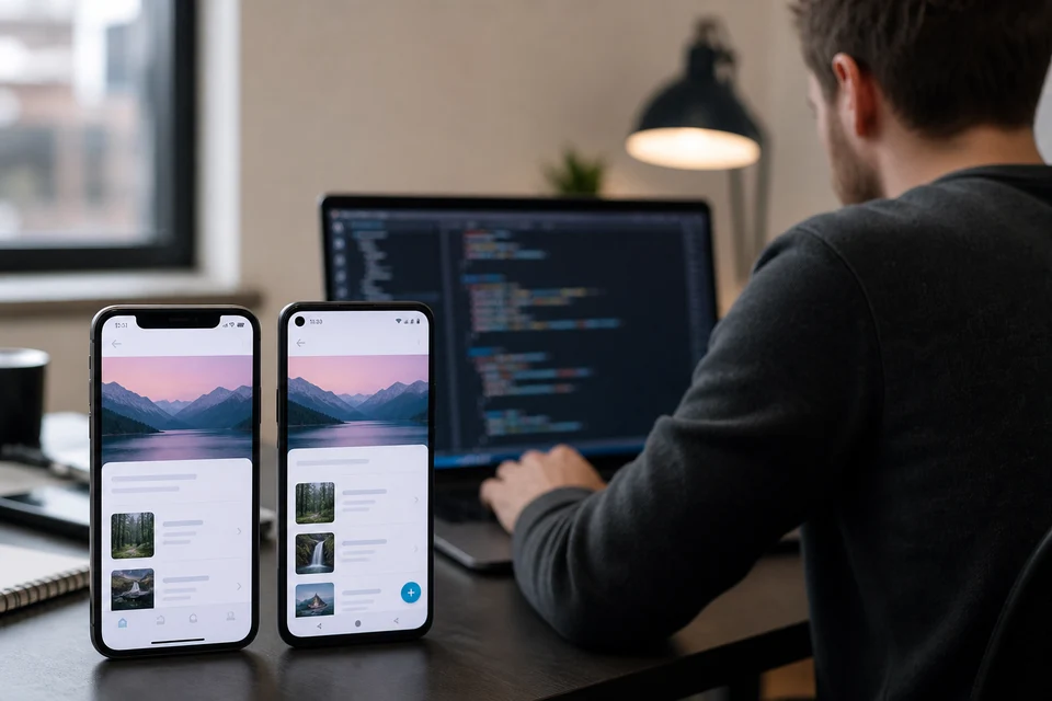 iOS and Android phones beside a laptop used for cross platform app development