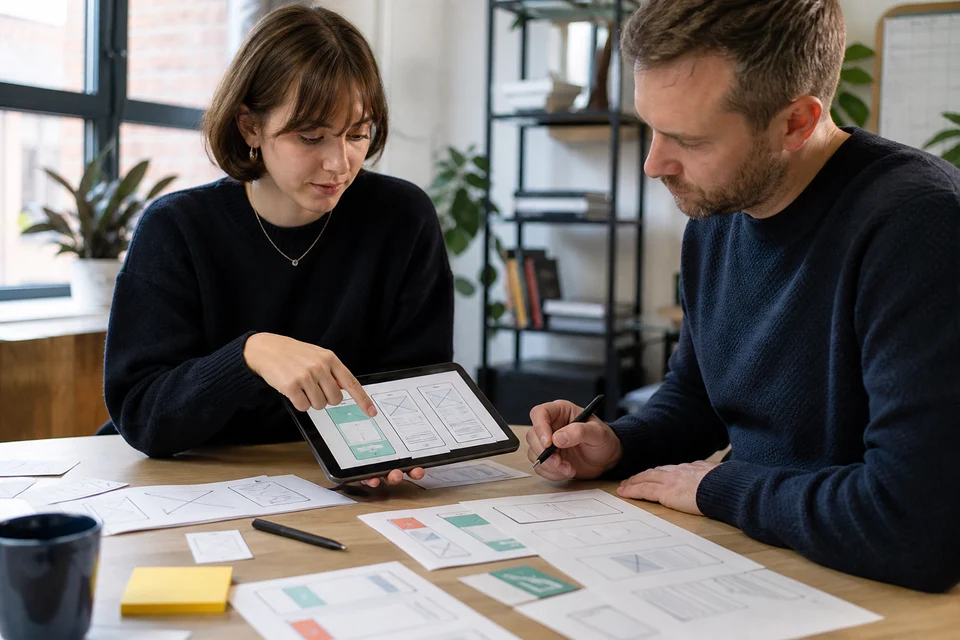 UI UX designers creating mobile app wireframes in a UK studio