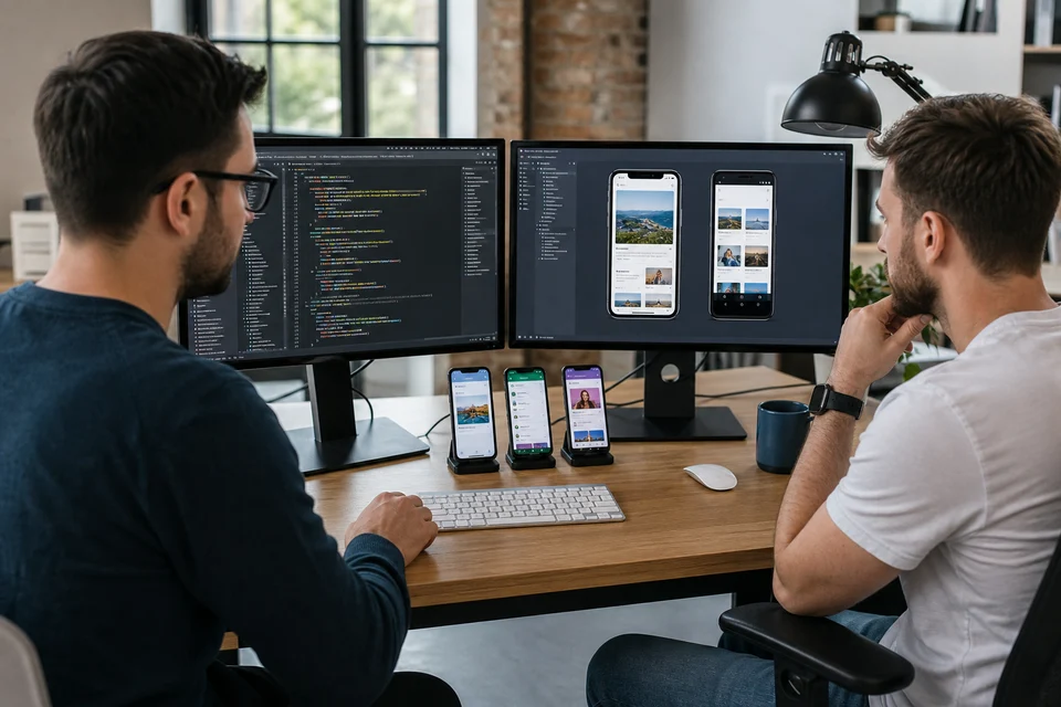 UK developers coding a native mobile app with devices for testing