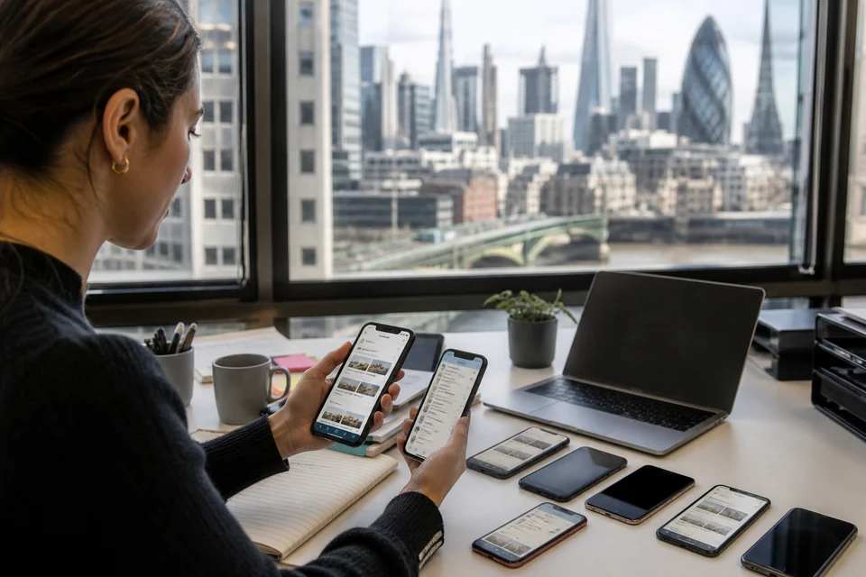 QA specialist testing a mobile app across multiple smartphones