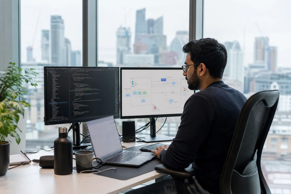 London developer reviewing backend architecture, APIs, and cloud infrastructure on dual monitors