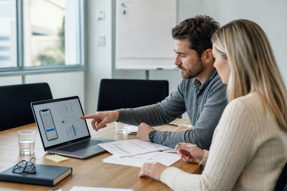 UK founder and project manager reviewing hidden software costs and an MVP budget