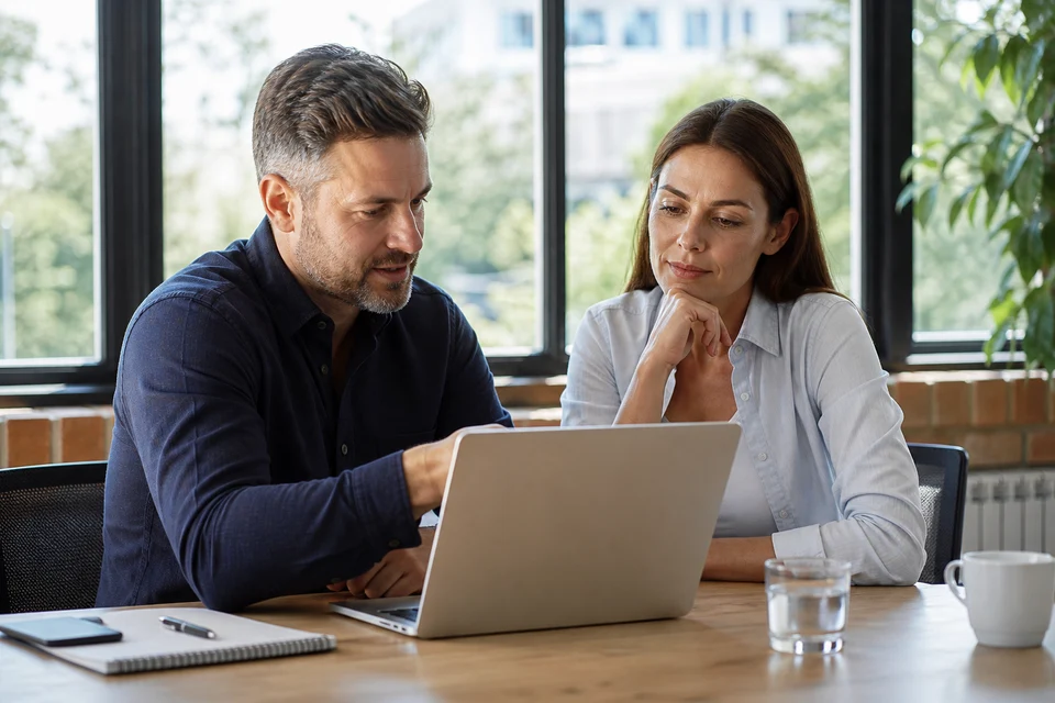 UK business owner and web app consultant reviewing a project budget and timeline on a laptop