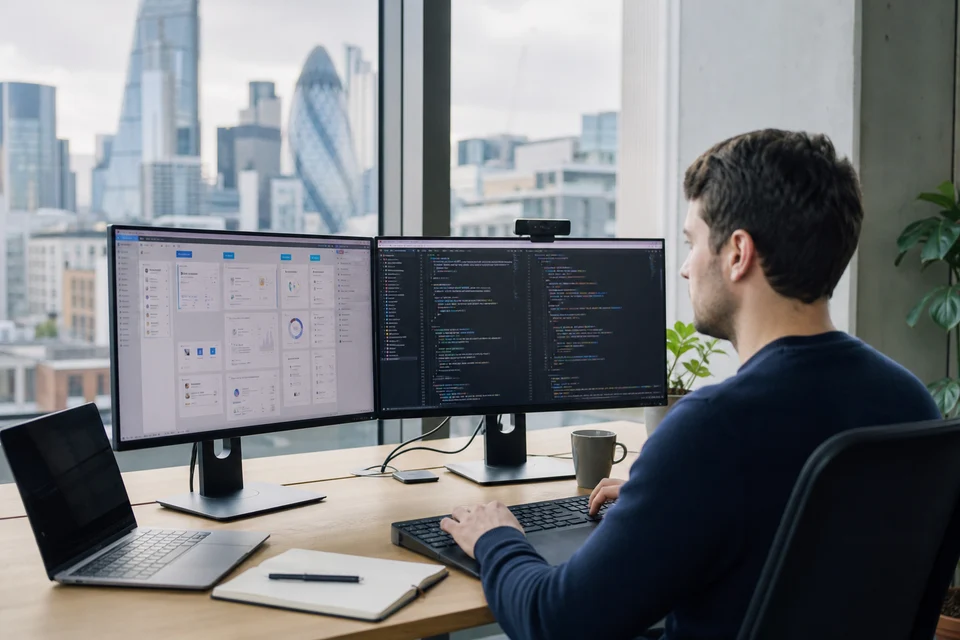 London web app developer coding a SaaS dashboard with wireframes and frontend code on dual monitors