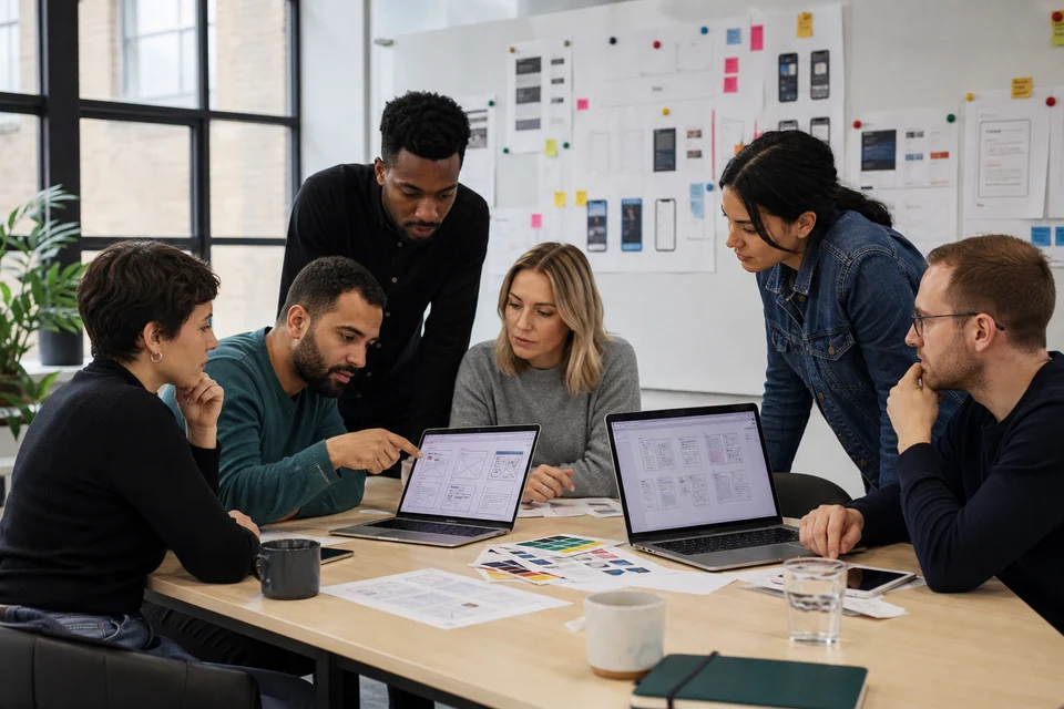 UK product team comparing website design mockups, features, and technology options