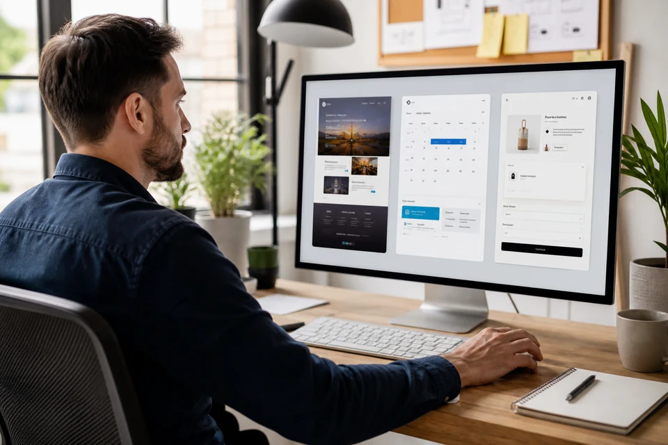 UK designer and developer reviewing custom website features, booking, and checkout layouts
