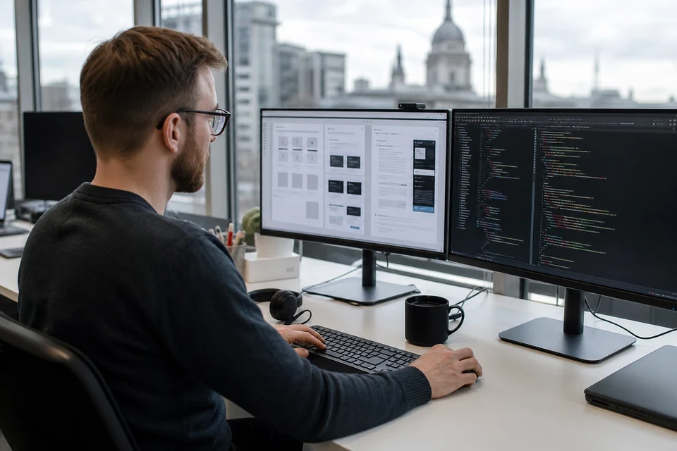London web developer coding a business website with wireframes and frontend code on dual monitors