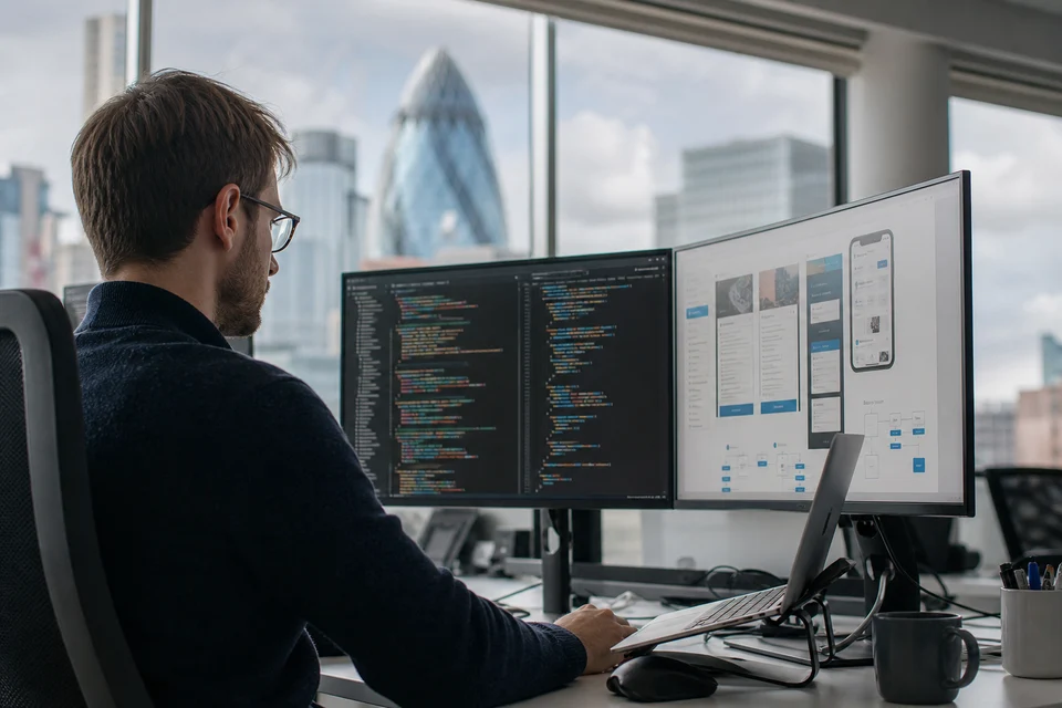 London developer coding a website while reviewing design mockups on a second screen