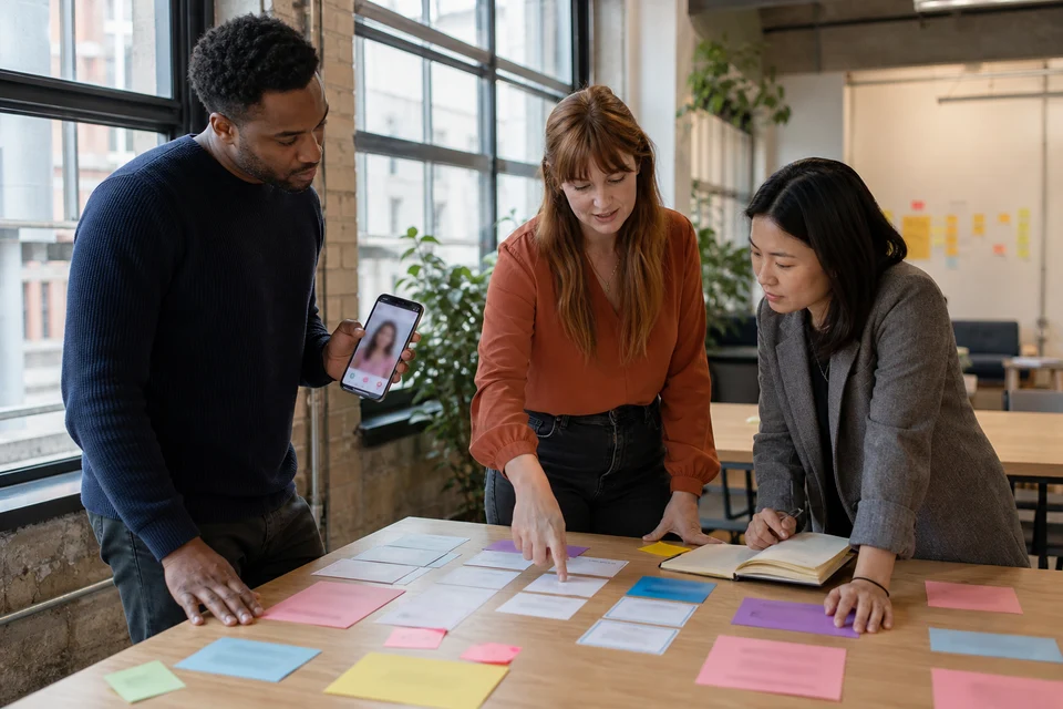 UK product team mapping dating app features and budget cards on a studio table
