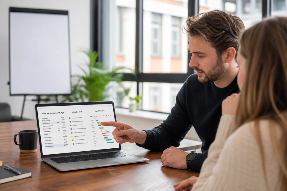 UK founder and consultant reviewing a dating app budget, safety checklist, and launch timeline