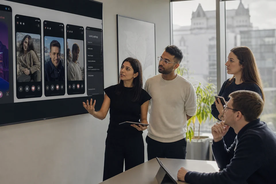 UK product team reviewing a dating app matching interface and safety settings
