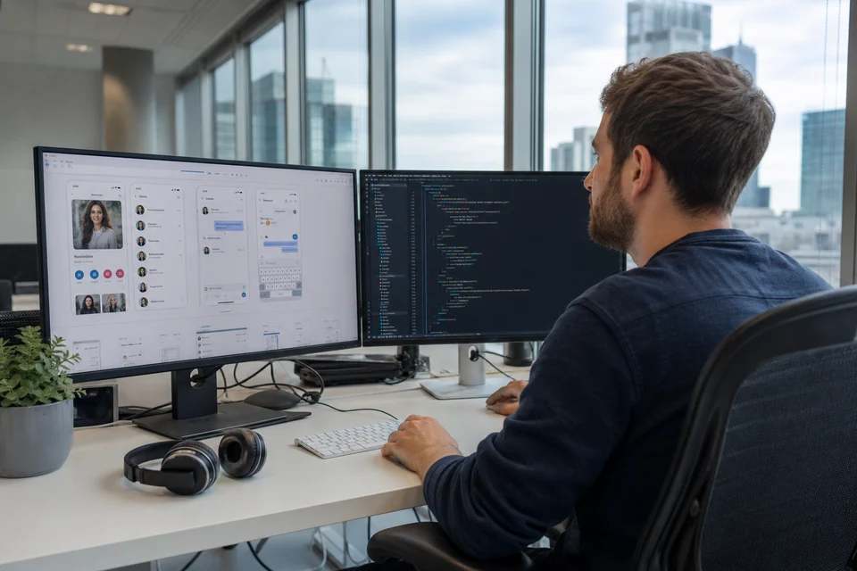 London developer building a dating app with profile and chat wireframes on dual monitors