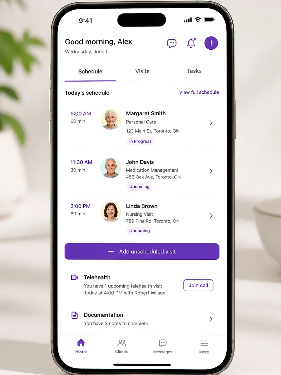 AlayaCare inspired elderly care platform preview
