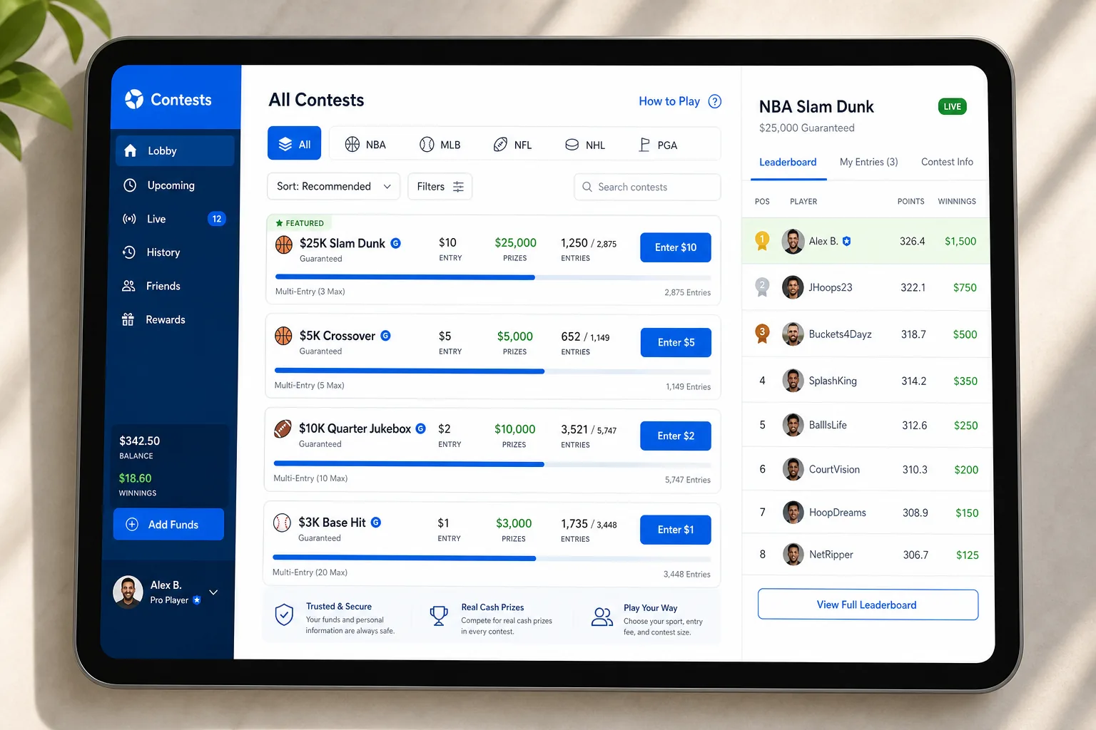 FanDuel inspired fantasy sports app preview