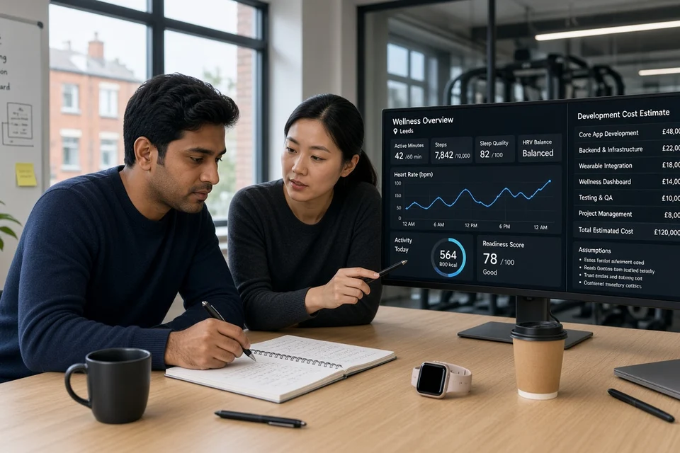Founder and engineer reviewing fitness app development cost estimates and a wearable wellness dashboard