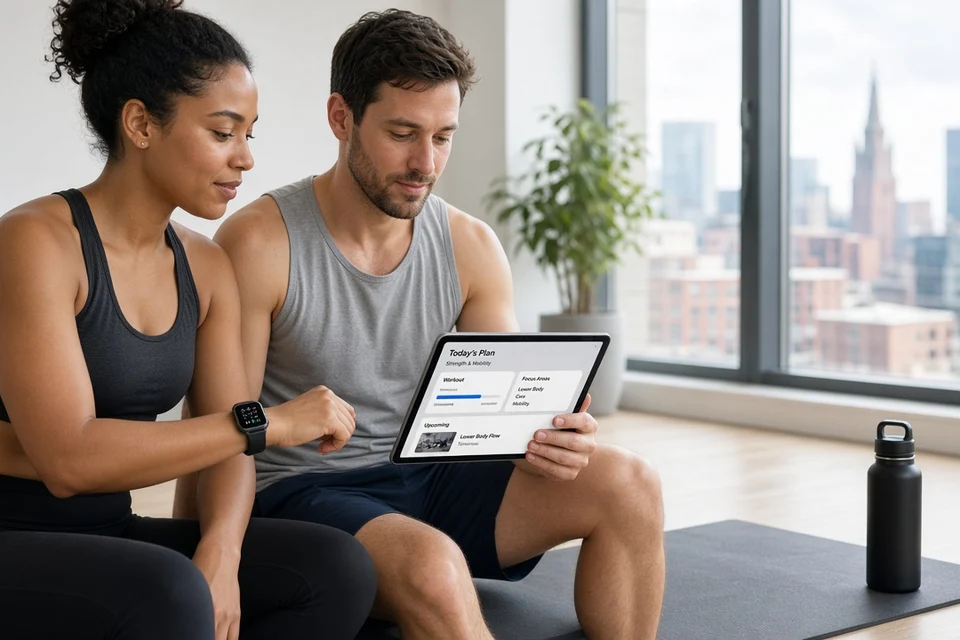 Couple reviewing a personalized workout plan on a tablet with smartwatch sync after training