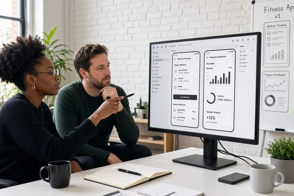 UX designer and developer reviewing fitness app wireframes for workout tracking and progress dashboards