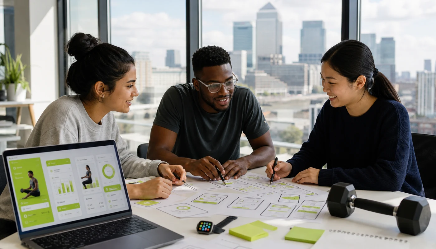 London fitness app development team planning a digital wellness platform