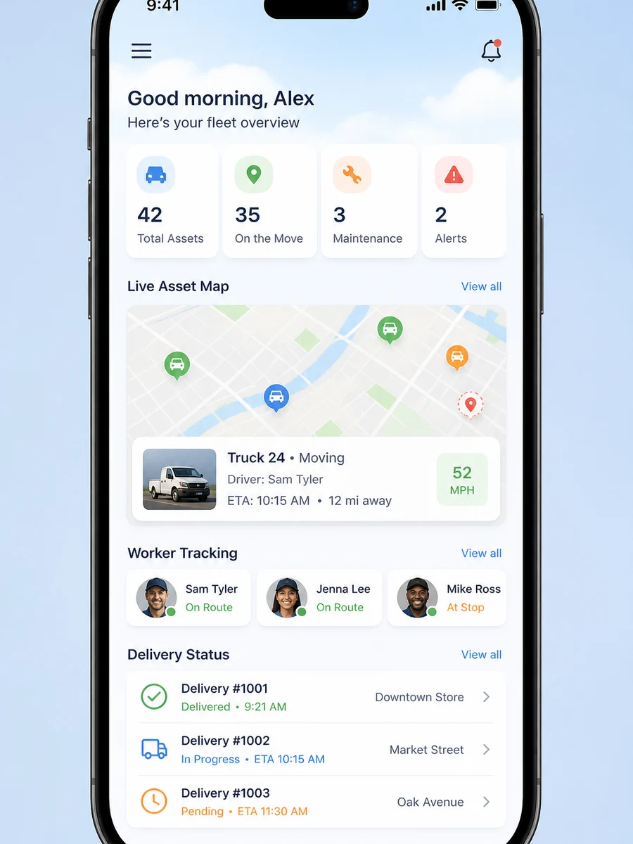 Fleet Complete inspired fleet management app preview