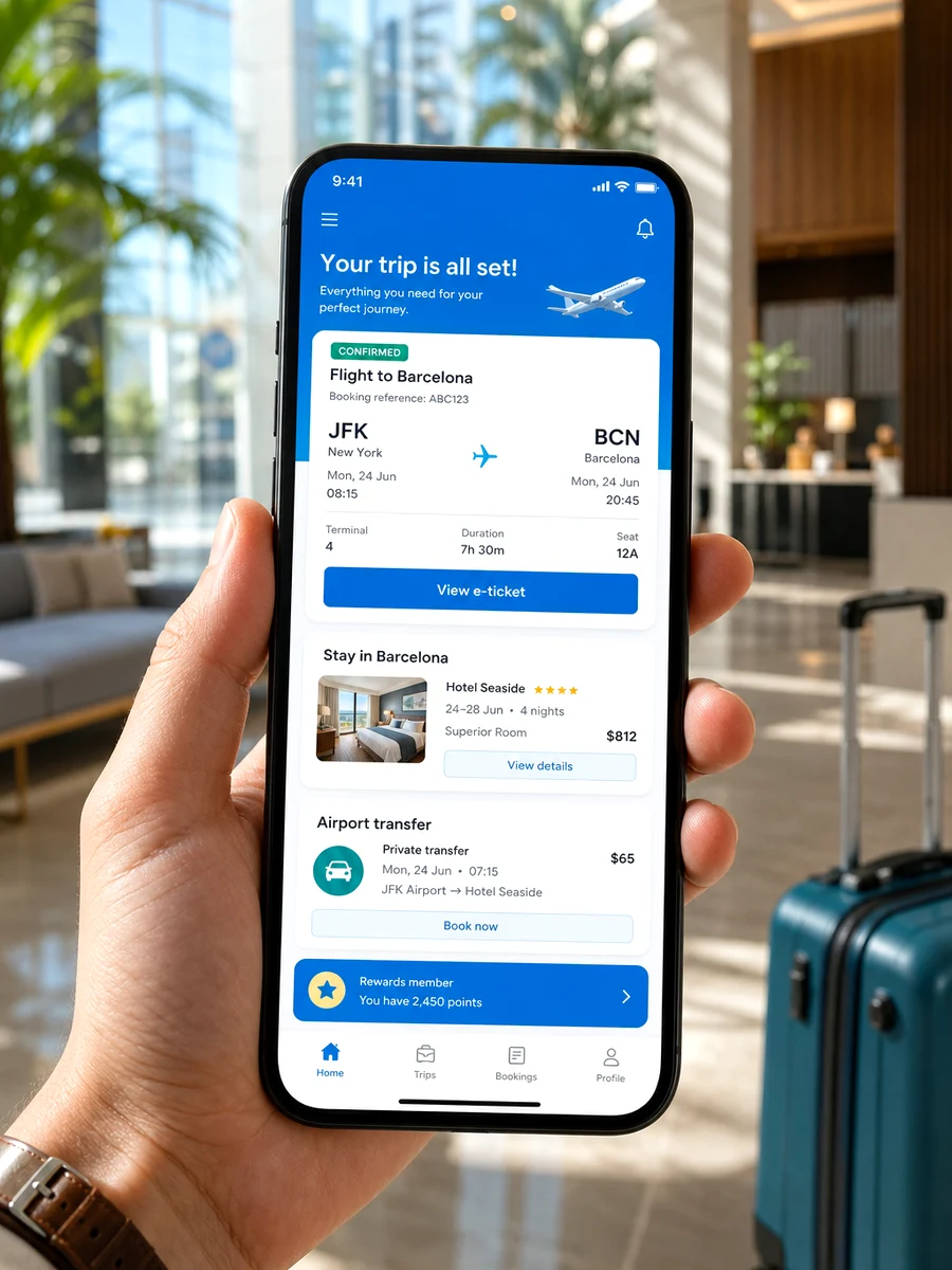 Booking.com Flights inspired flight booking app preview