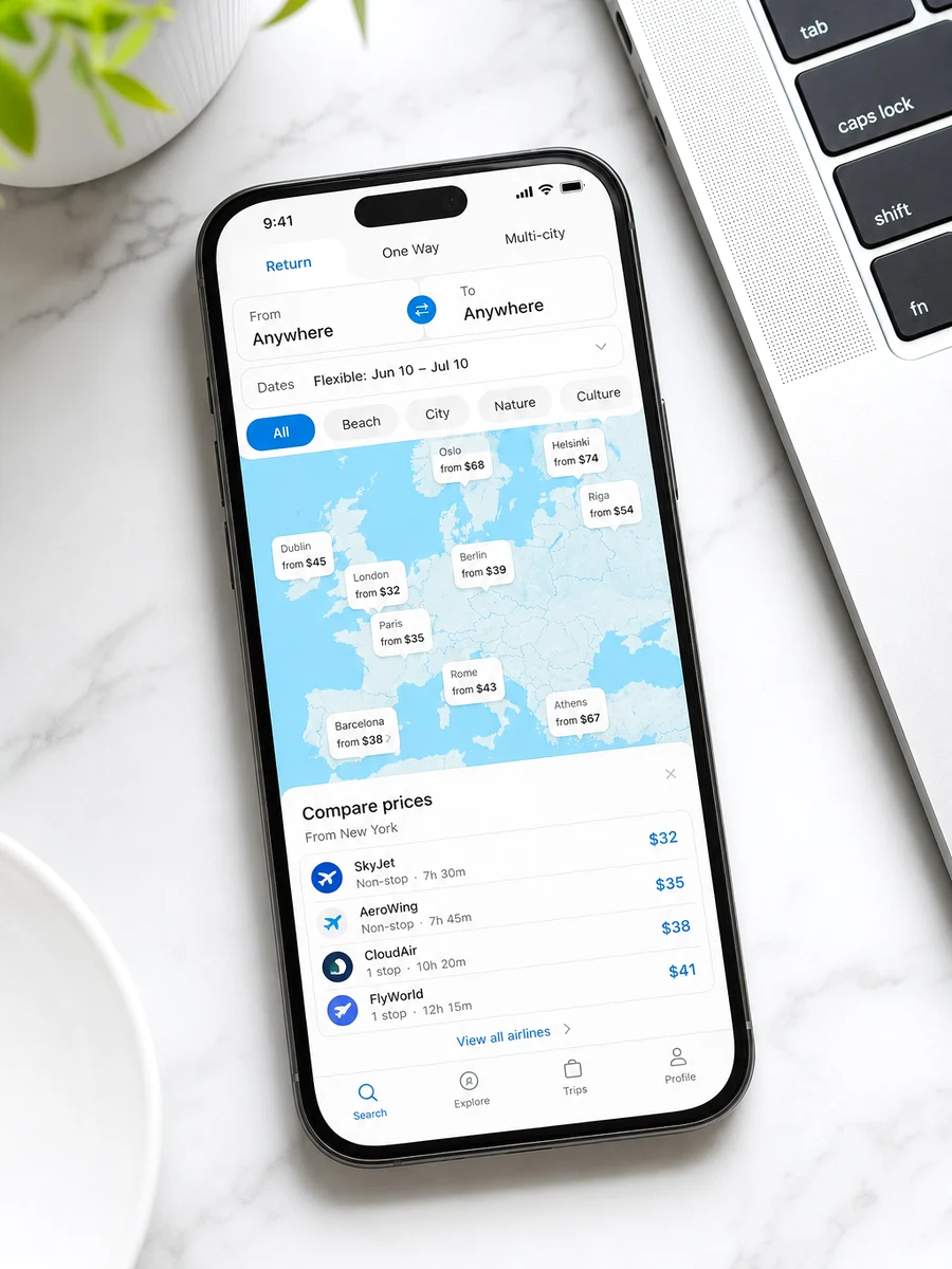 Google Flights inspired flight booking app preview