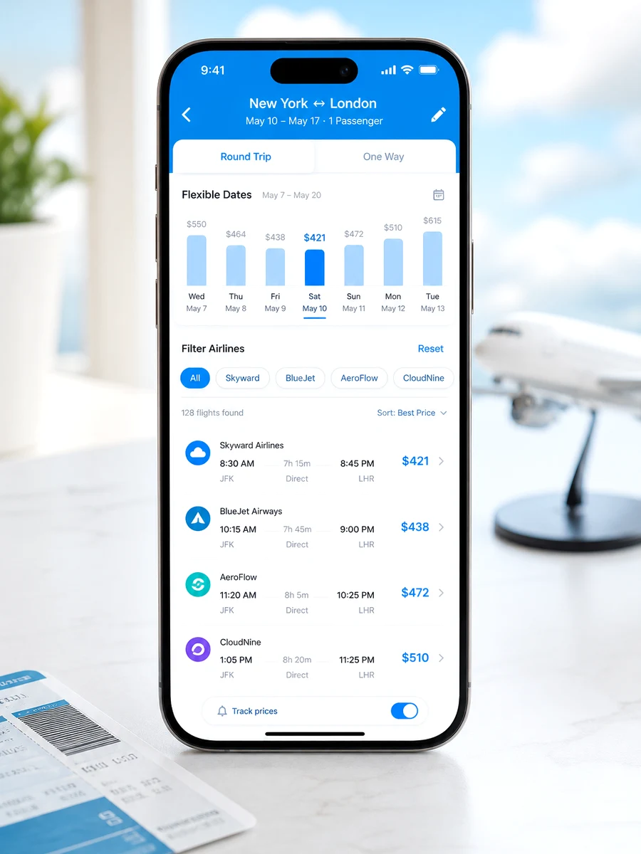 Skyscanner inspired flight booking app preview