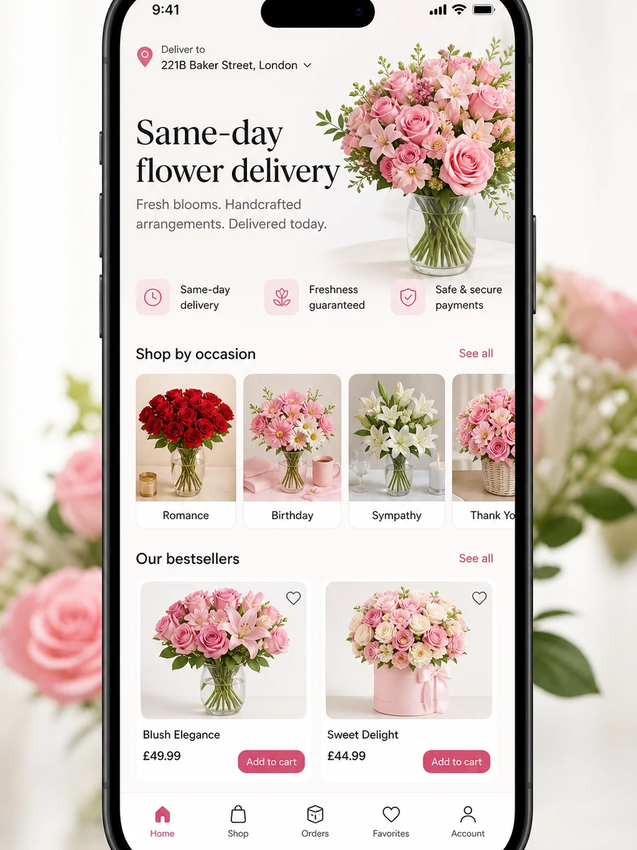 Interflora inspired flower delivery app preview