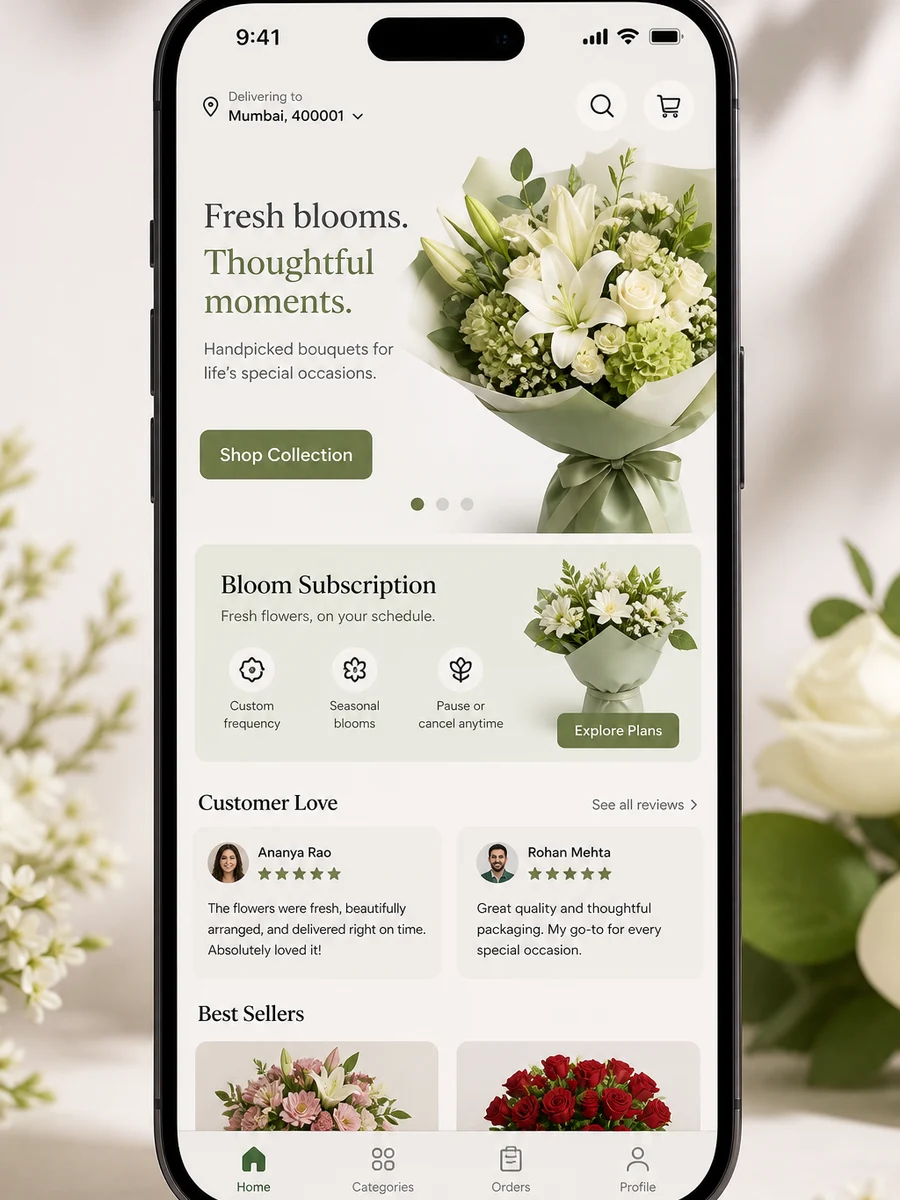 ProFlowers inspired flower delivery app preview